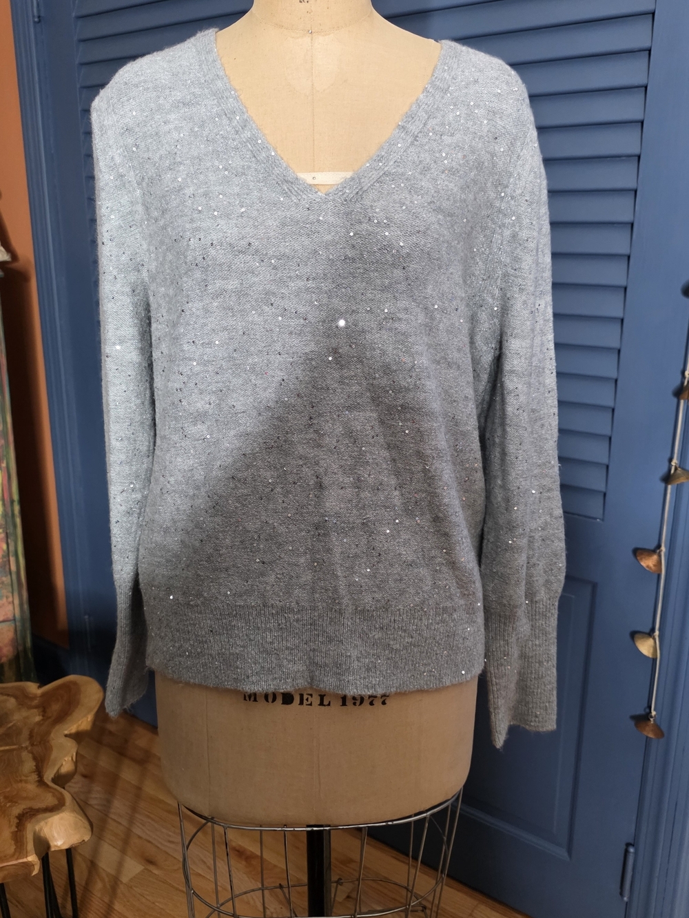 LOFT Light Gray V-Neck Sweater with Sparkle